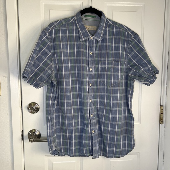 Tommy Bahama Shirt Mens L‎ Blue White Plaid Short Sleeve Button Up Cotton Preppy - Picture 1 of 4